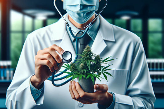 Lékař drží rostlinu konopí