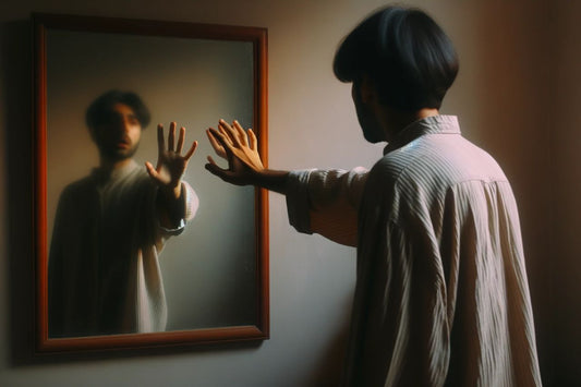Muž stojící před zrcadlem