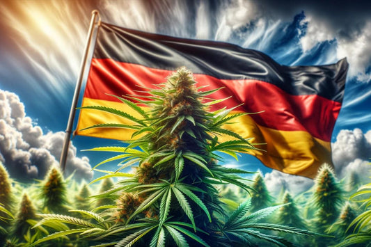 Rostlina konopí před vlající německou vlajkou