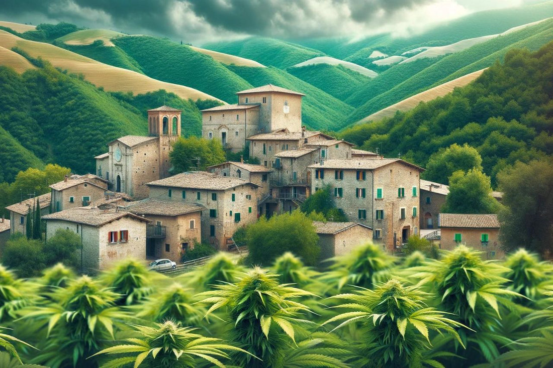 Italská vesnice s rostlinami konopí