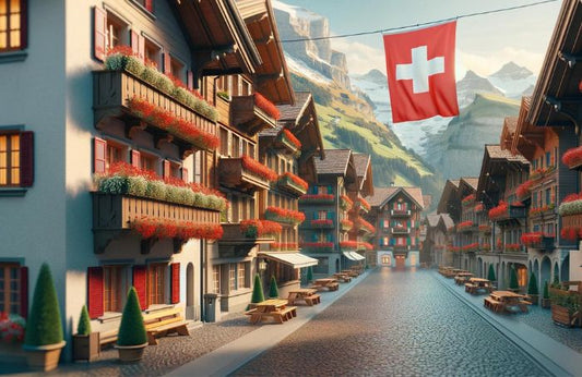 Mávání švýcarskou vlajkou v malém městě ve Švýcarsku