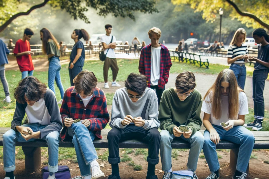 Skupina dospívajících sedících v lavici
